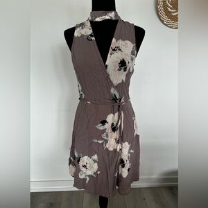 Sleeveless Mauve Floral Wrap Dress with Tie Waist